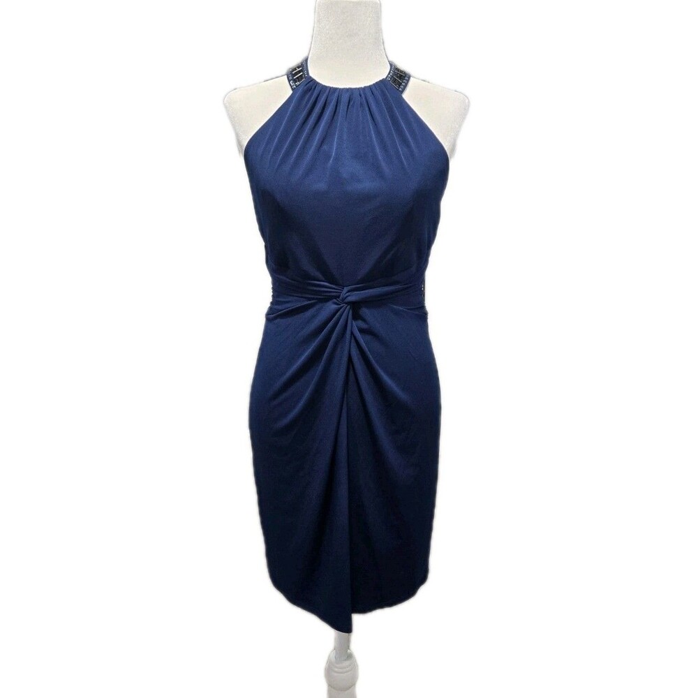 Laundry By Shelli Segal Navy Cocktail Evening Halter Sheath Dress Womens Size 6